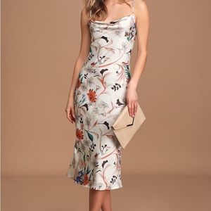 Must Be Fate Cream Multi Floral Print Satin Slip Midi Dress